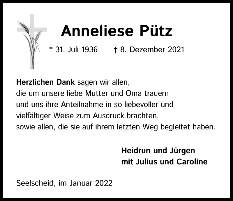  Traueranzeige für Anneliese Pütz vom 29.01.2022 aus Kölner Stadt-Anzeiger / Kölnische Rundschau / Express