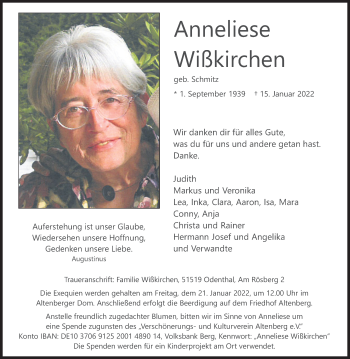 Anzeige von Anneliese Wißkirchen von Kölner Stadt-Anzeiger / Kölnische Rundschau / Express