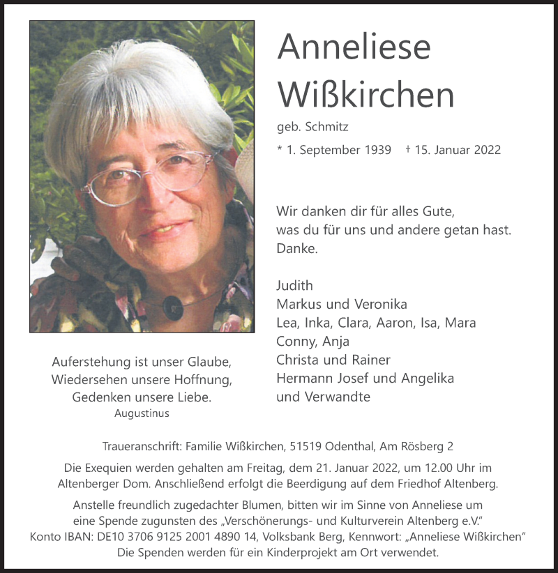  Traueranzeige für Anneliese Wißkirchen vom 18.01.2022 aus Kölner Stadt-Anzeiger / Kölnische Rundschau / Express