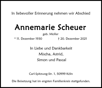 Anzeige von Annemarie Scheuer von Kölner Stadt-Anzeiger / Kölnische Rundschau / Express