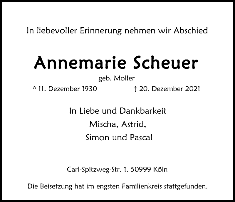  Traueranzeige für Annemarie Scheuer vom 08.01.2022 aus Kölner Stadt-Anzeiger / Kölnische Rundschau / Express