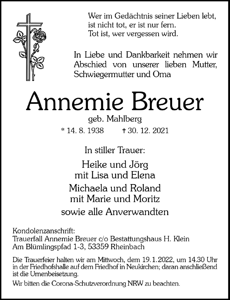 Traueranzeige für Annemie Breuer vom 07.01.2022 aus  Schaufenster/Blickpunkt 