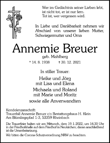 Anzeige von Annemie Breuer von  Schaufenster/Blickpunkt 