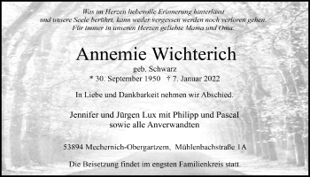 Anzeige von Annemie Wichterich von  Blickpunkt Euskirchen 