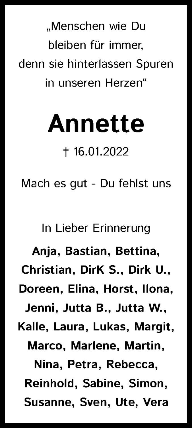  Traueranzeige für Annette  vom 29.01.2022 aus Kölner Stadt-Anzeiger / Kölnische Rundschau / Express