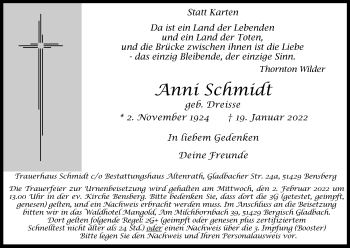 Anzeige von Anni Schmidt von Kölner Stadt-Anzeiger / Kölnische Rundschau / Express