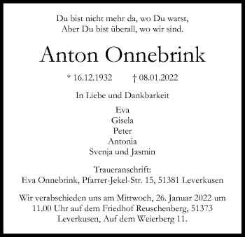 Anzeige von Anton Onnebrink von Kölner Stadt-Anzeiger / Kölnische Rundschau / Express