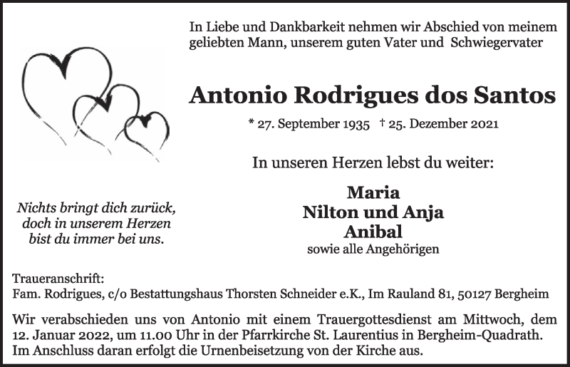  Traueranzeige für Antonio Rodrigues dos Santos vom 07.01.2022 aus  Werbepost 