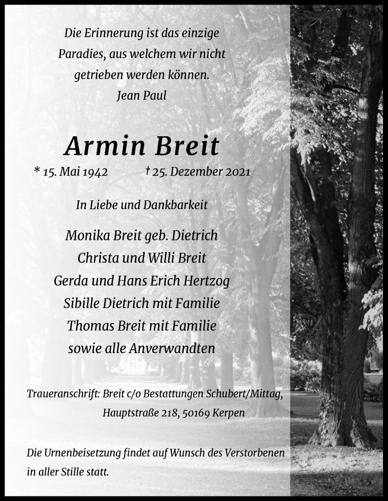  Traueranzeige für Armin Breit vom 08.01.2022 aus Kölner Stadt-Anzeiger / Kölnische Rundschau / Express