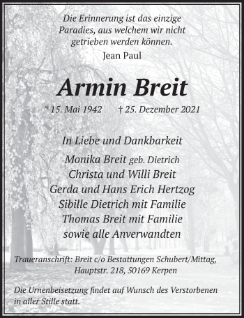 Anzeige von Armin Breit von  Werbepost 