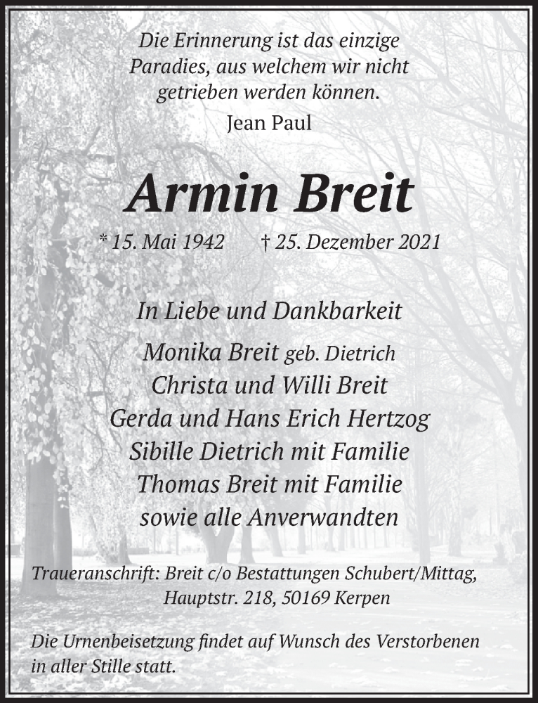  Traueranzeige für Armin Breit vom 07.01.2022 aus  Werbepost 