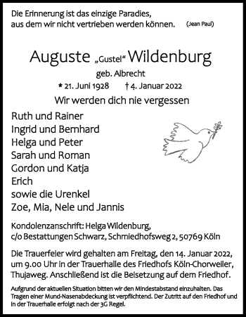 Anzeige von Auguste Wildenburg von Kölner Stadt-Anzeiger / Kölnische Rundschau / Express