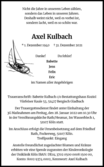 Anzeige von Axel Kulbach von Kölner Stadt-Anzeiger / Kölnische Rundschau / Express