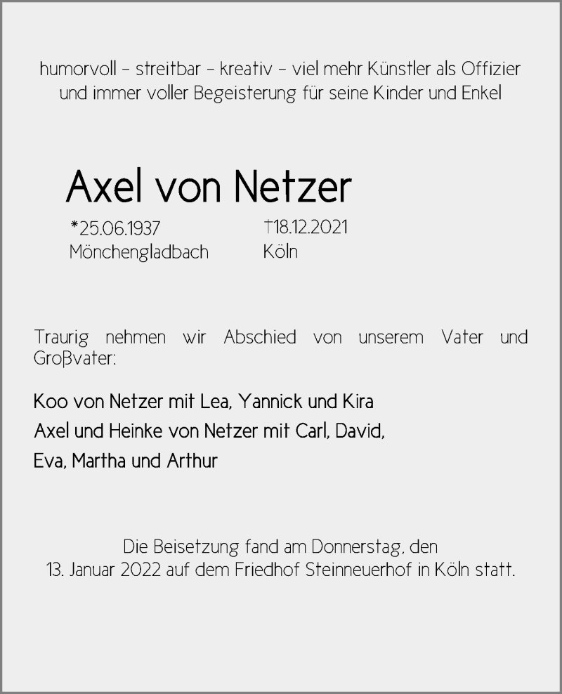  Traueranzeige für Axel von Netzer vom 15.01.2022 aus Kölner Stadt-Anzeiger / Kölnische Rundschau / Express