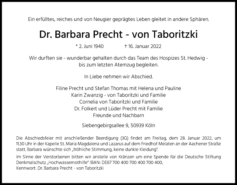  Traueranzeige für Barbara Precht von Taboritzki vom 22.01.2022 aus Kölner Stadt-Anzeiger / Kölnische Rundschau / Express