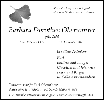 Anzeige von Barbara Dorothea Oberwinter von Kölner Stadt-Anzeiger / Kölnische Rundschau / Express