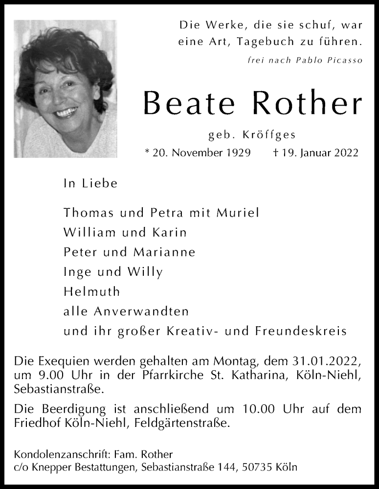 Traueranzeige für Beate Rother vom 26.01.2022 aus Kölner Stadt-Anzeiger / Kölnische Rundschau / Express