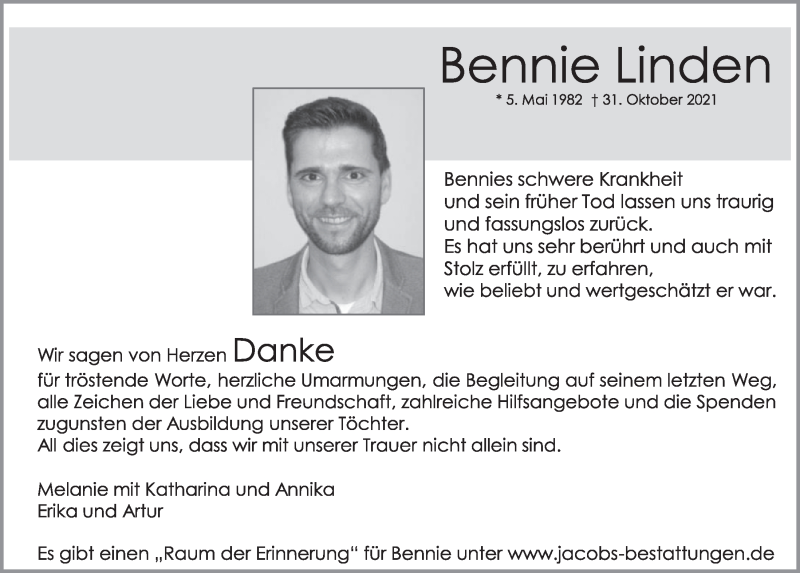  Traueranzeige für Bennie Linden vom 14.01.2022 aus  Werbepost 