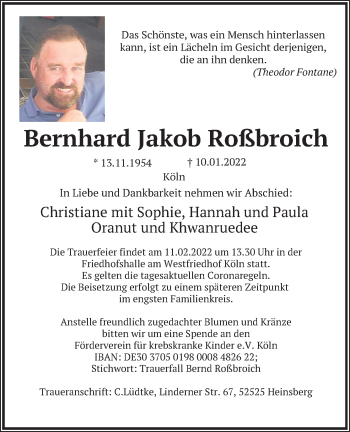 Anzeige von Bernhard Jakob Roßbroich von Kölner Stadt-Anzeiger / Kölnische Rundschau / Express