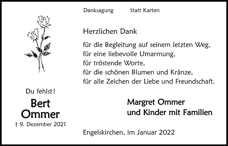  Traueranzeige für Bert Ommer vom 14.01.2022 aus  Anzeigen Echo 