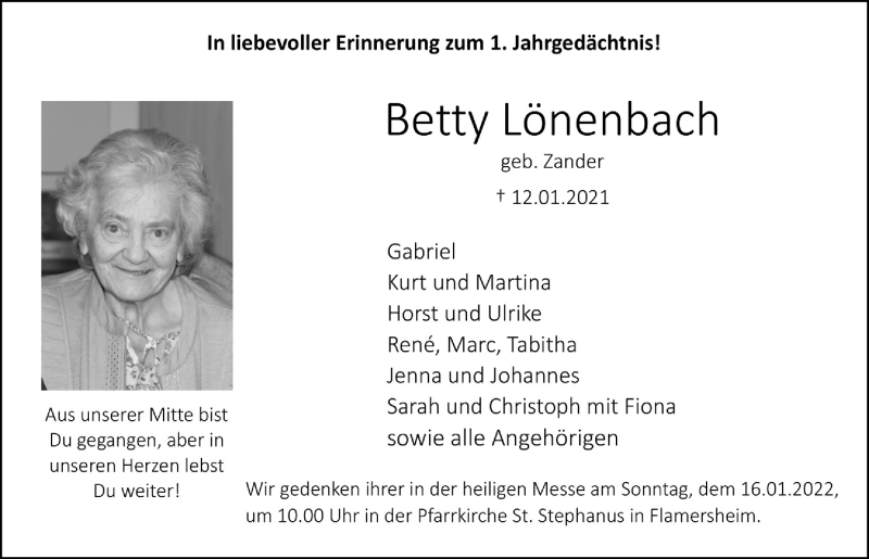  Traueranzeige für Betty Lönenbach vom 08.01.2022 aus  Blickpunkt Euskirchen 