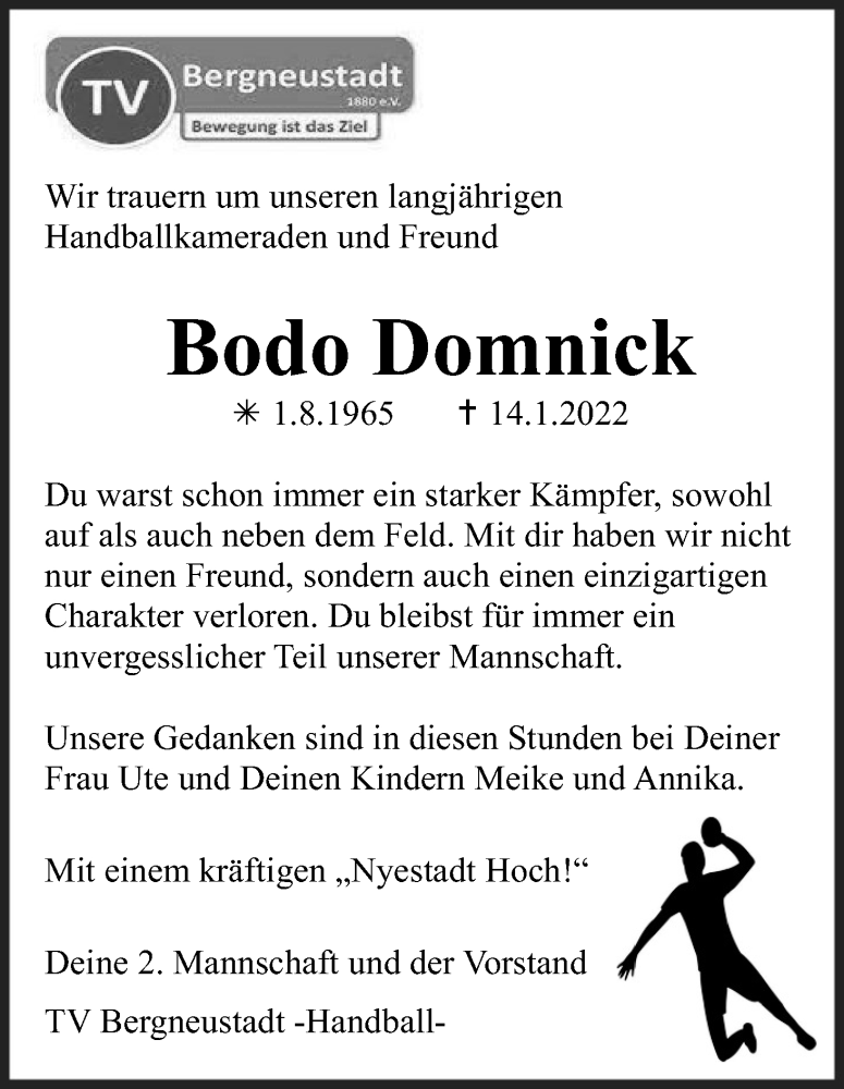  Traueranzeige für Bodo Domnick vom 22.01.2022 aus Kölner Stadt-Anzeiger / Kölnische Rundschau / Express