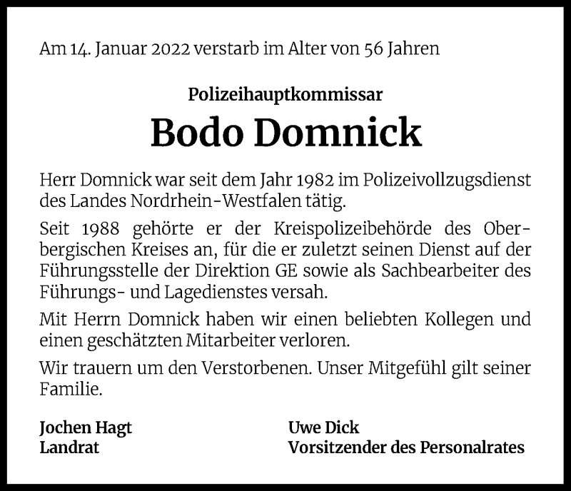  Traueranzeige für Bodo Domnick vom 22.01.2022 aus Kölner Stadt-Anzeiger / Kölnische Rundschau / Express