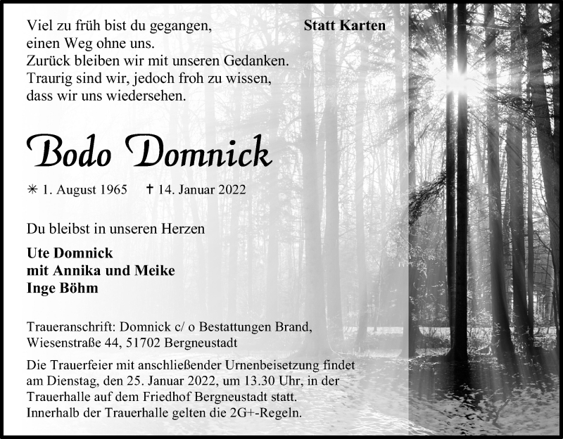  Traueranzeige für Bodo Domnick vom 22.01.2022 aus Kölner Stadt-Anzeiger / Kölnische Rundschau / Express