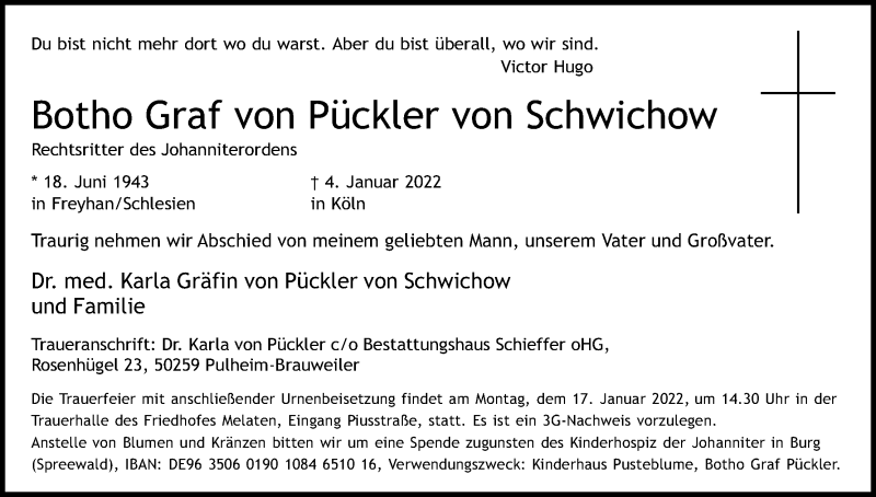  Traueranzeige für Botho Graf von Pückler von Schwichow vom 15.01.2022 aus Kölner Stadt-Anzeiger / Kölnische Rundschau / Express
