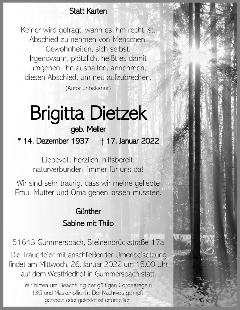  Traueranzeige für Brigitta Dietzek vom 22.01.2022 aus Kölner Stadt-Anzeiger / Kölnische Rundschau / Express