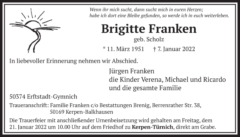  Traueranzeige für Brigitte Franken vom 14.01.2022 aus  Werbepost 