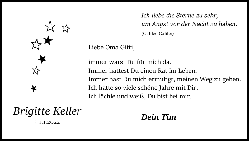  Traueranzeige für Brigitte Keller vom 15.01.2022 aus Kölner Stadt-Anzeiger / Kölnische Rundschau / Express
