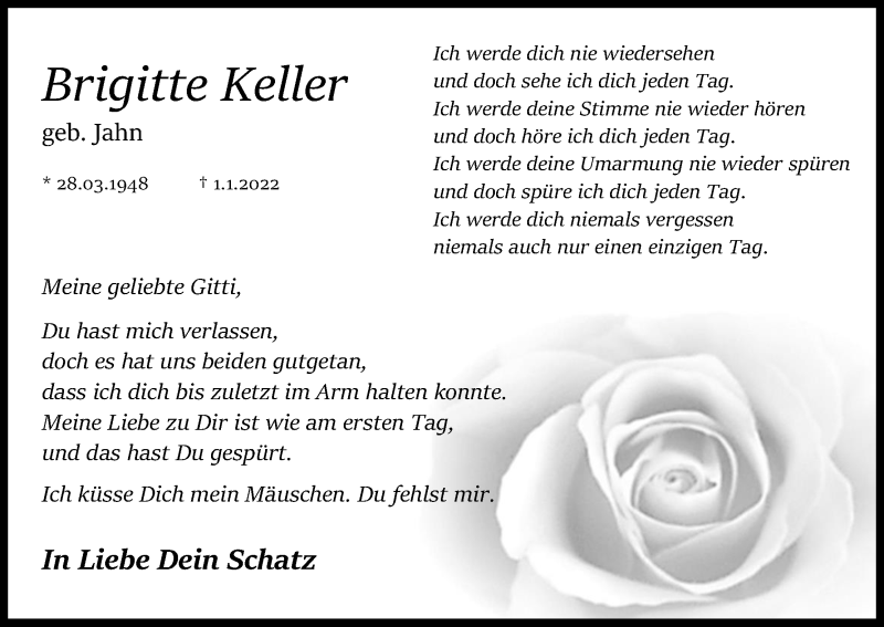  Traueranzeige für Brigitte Keller vom 15.01.2022 aus Kölner Stadt-Anzeiger / Kölnische Rundschau / Express