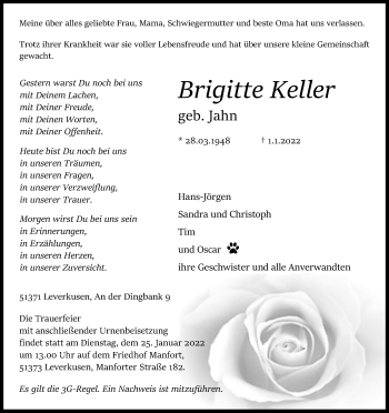 Anzeige von Brigitte Keller von Kölner Stadt-Anzeiger / Kölnische Rundschau / Express