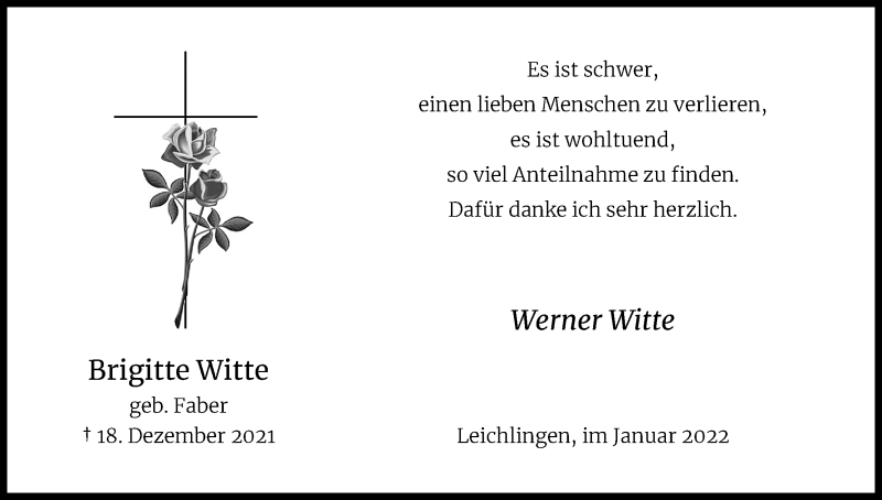  Traueranzeige für Brigitte Witte vom 29.01.2022 aus Kölner Stadt-Anzeiger / Kölnische Rundschau / Express