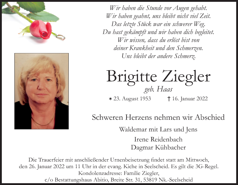  Traueranzeige für Brigitte Ziegler vom 22.01.2022 aus Kölner Stadt-Anzeiger / Kölnische Rundschau / Express