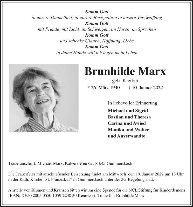 Traueranzeige für Brunhilde Marx vom 14.01.2022 aus  Anzeigen Echo 