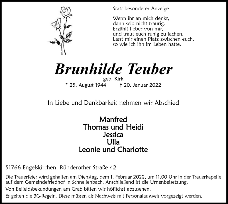  Traueranzeige für Brunhilde Teuber vom 28.01.2022 aus  Anzeigen Echo 