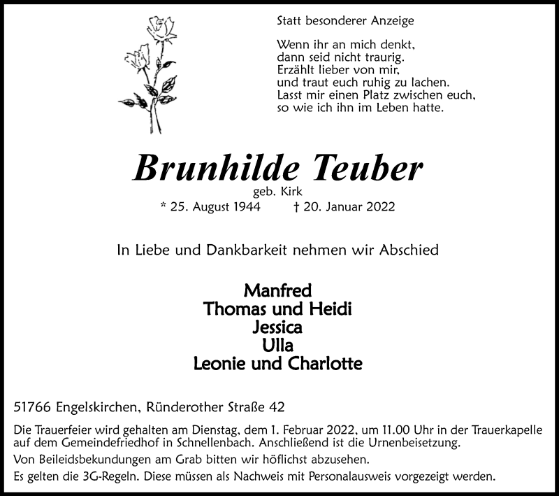  Traueranzeige für Brunhilde Teuber vom 26.01.2022 aus Kölner Stadt-Anzeiger / Kölnische Rundschau / Express