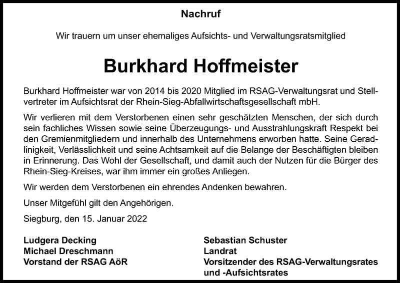  Traueranzeige für Burkhard Hoffmeister vom 15.01.2022 aus Kölner Stadt-Anzeiger / Kölnische Rundschau / Express
