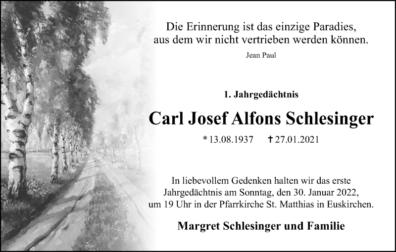  Traueranzeige für Carl Josef Alfons  Schlesinger vom 27.01.2022 aus Kölner Stadt-Anzeiger / Kölnische Rundschau / Express