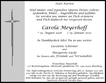 Anzeige von Carola Meyerhoff von Kölner Stadt-Anzeiger / Kölnische Rundschau / Express