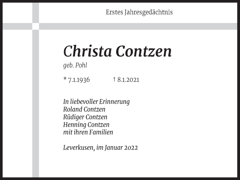  Traueranzeige für Christa Contzen vom 08.01.2022 aus Kölner Stadt-Anzeiger / Kölnische Rundschau / Express