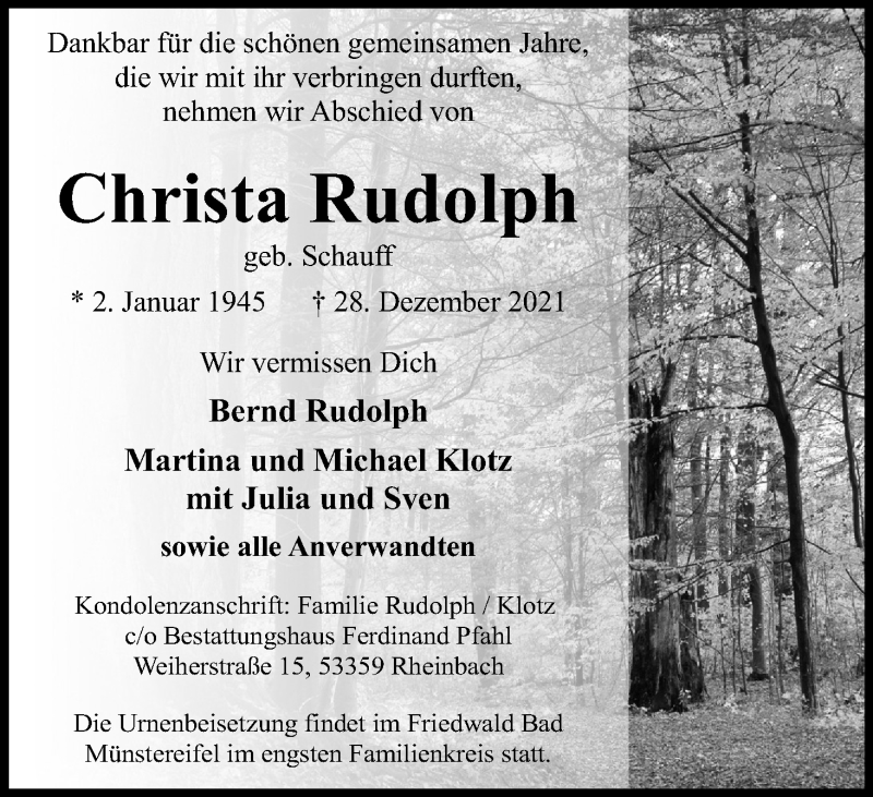  Traueranzeige für Christa Rudolph vom 08.01.2022 aus Kölner Stadt-Anzeiger / Kölnische Rundschau / Express