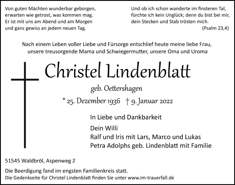  Traueranzeige für Christel Lindenblatt vom 14.01.2022 aus  Lokalanzeiger 