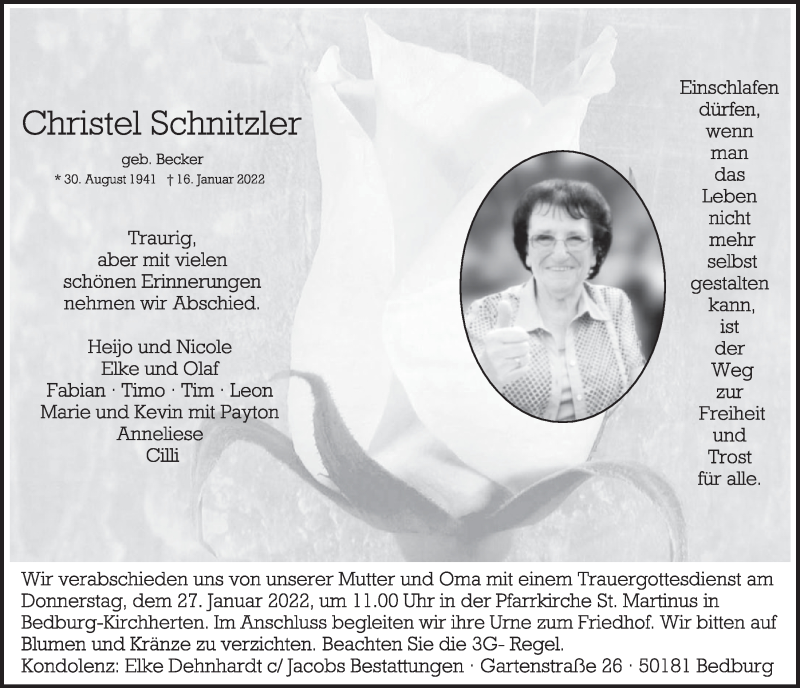  Traueranzeige für Christel Schnitzler vom 21.01.2022 aus  Werbepost 
