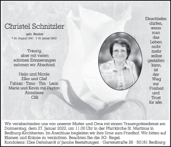 Anzeige von Christel Schnitzler von  Werbepost 
