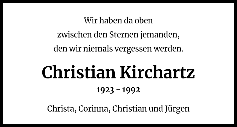  Traueranzeige für Christian Kirchartz vom 31.01.2022 aus Kölner Stadt-Anzeiger / Kölnische Rundschau / Express