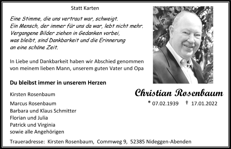 Traueranzeige für Christian Rosenbaum vom 21.01.2022 aus  Wochenende 