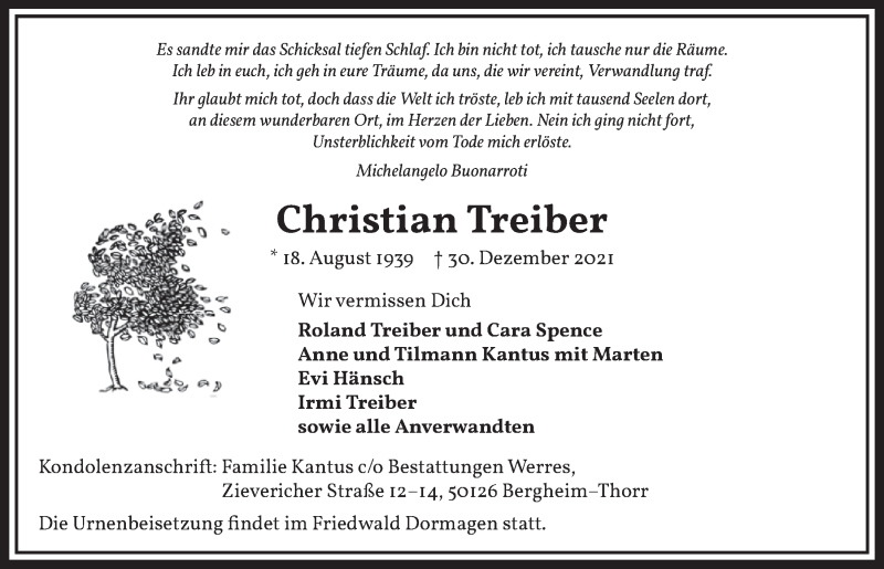  Traueranzeige für Christian Treiber vom 14.01.2022 aus  Werbepost 